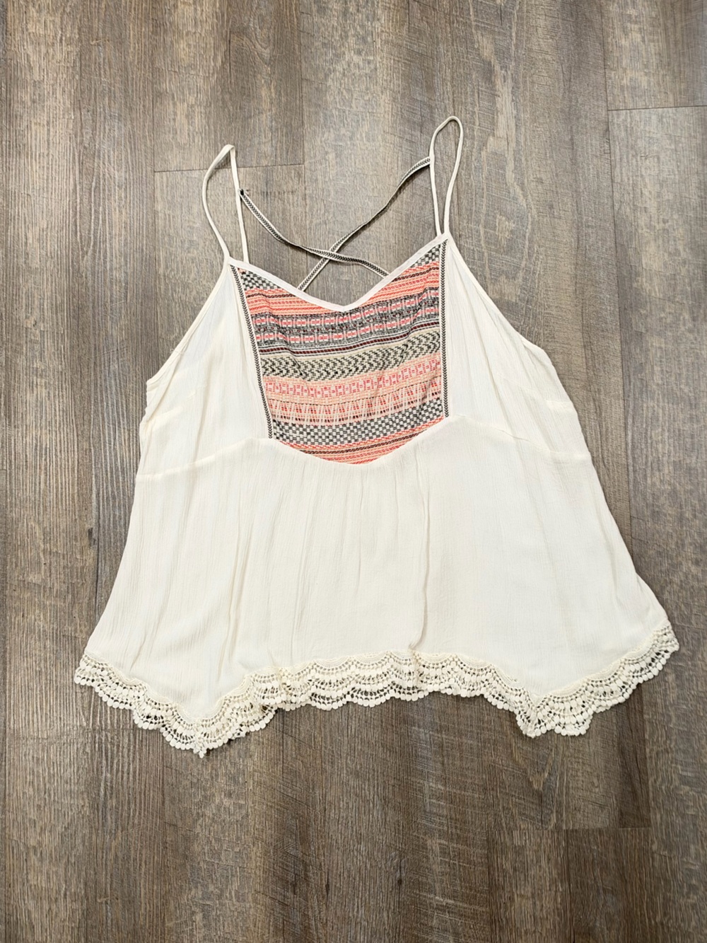 Plus size Maurice’s Boho Lace-Hem Cream Tank with Embroidered Front Panel